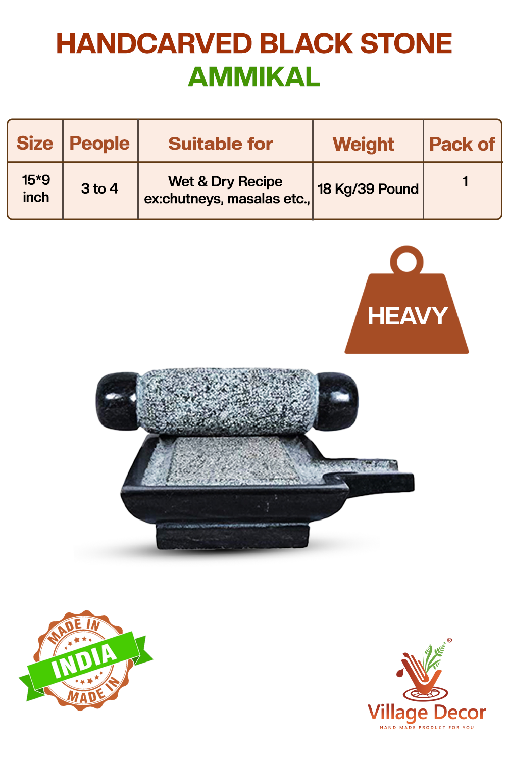 Handcarved black stone Silbatta with size, weight, and usage details – suitable for chutneys and masalas.