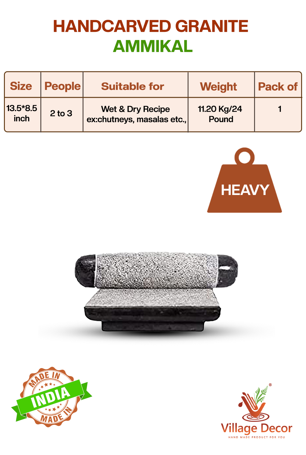 Handcarved black stone Ammikal or Silbatta with size, weight, and usage details ā suitable for chutneys and masalas.