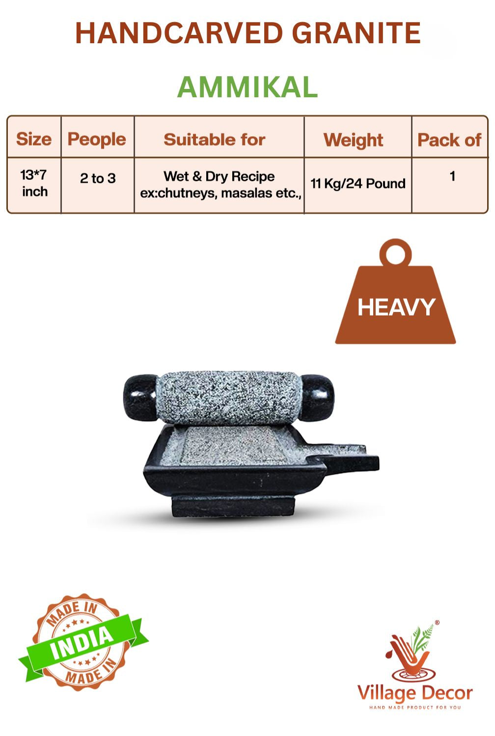 Handcarved black stone Ammikal or Silbatta with size, weight, and usage details – suitable for chutneys and masalas.