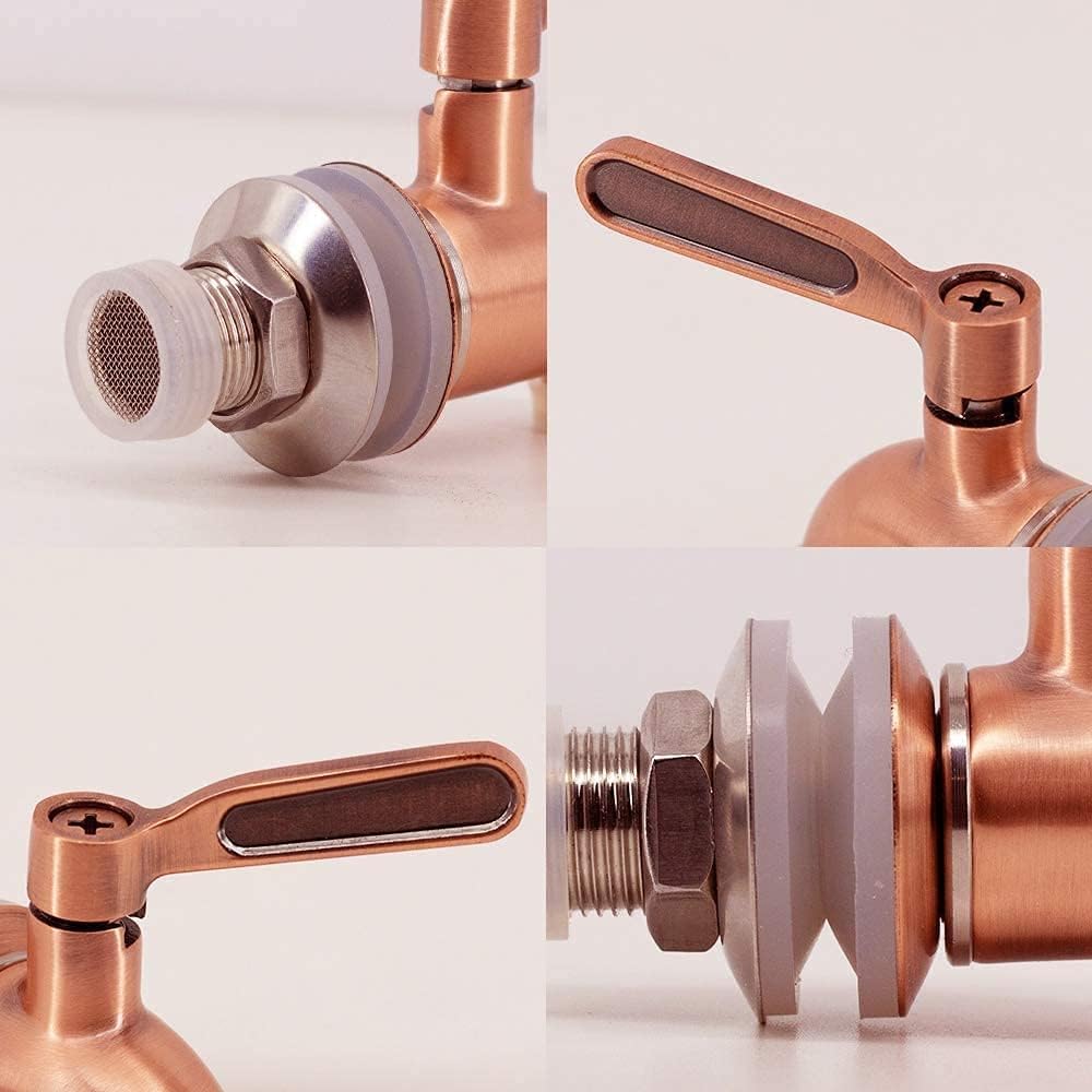 Multiple closeup shots of stainless steel tap showcasing mesh filter, ergonomic handle, threaded nut, and sealing washer for secure installation.