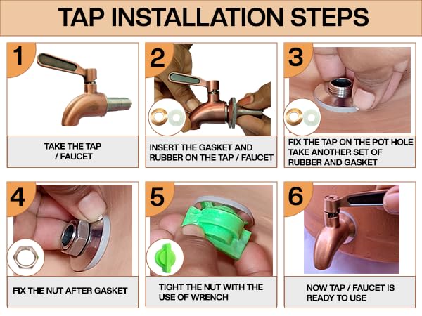 Step-by-step visual guide for installing a stainless steel tap, showing how to insert gaskets, secure with nuts, and tighten using a wrench for a leak-free fit.