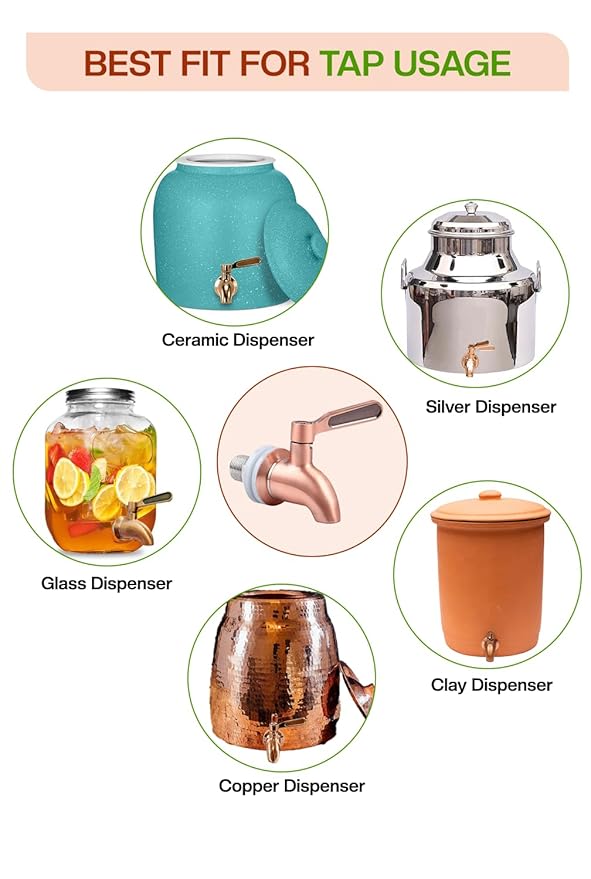 Versatile stainless steel tap shown used with various dispensers like glass ceramic clay copper and silver for home kitchen and party setups.