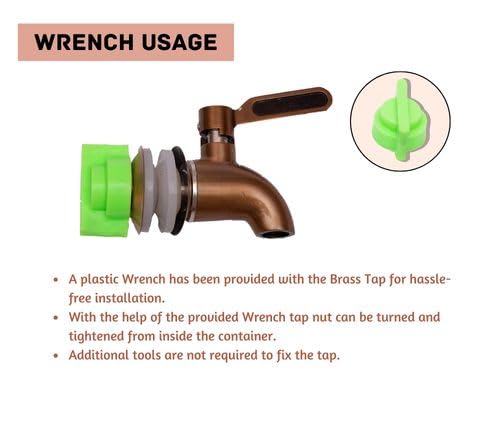 Stainless steel tap with green wrench and washers attached for quick and tool free installation in containers.