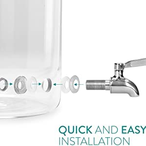 Visual breakdown of a stainless steel tap installation showing each washer and gasket aligned for quick and easy attachment to a glass beverage dispenser.