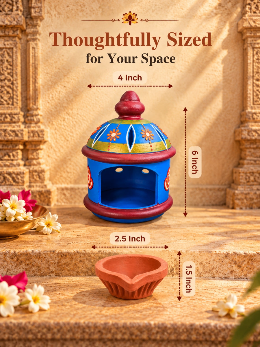 Dimensions of the temple blue round hut-shaped terracotta diya, showing its 6-inch height and traditional handpainted design