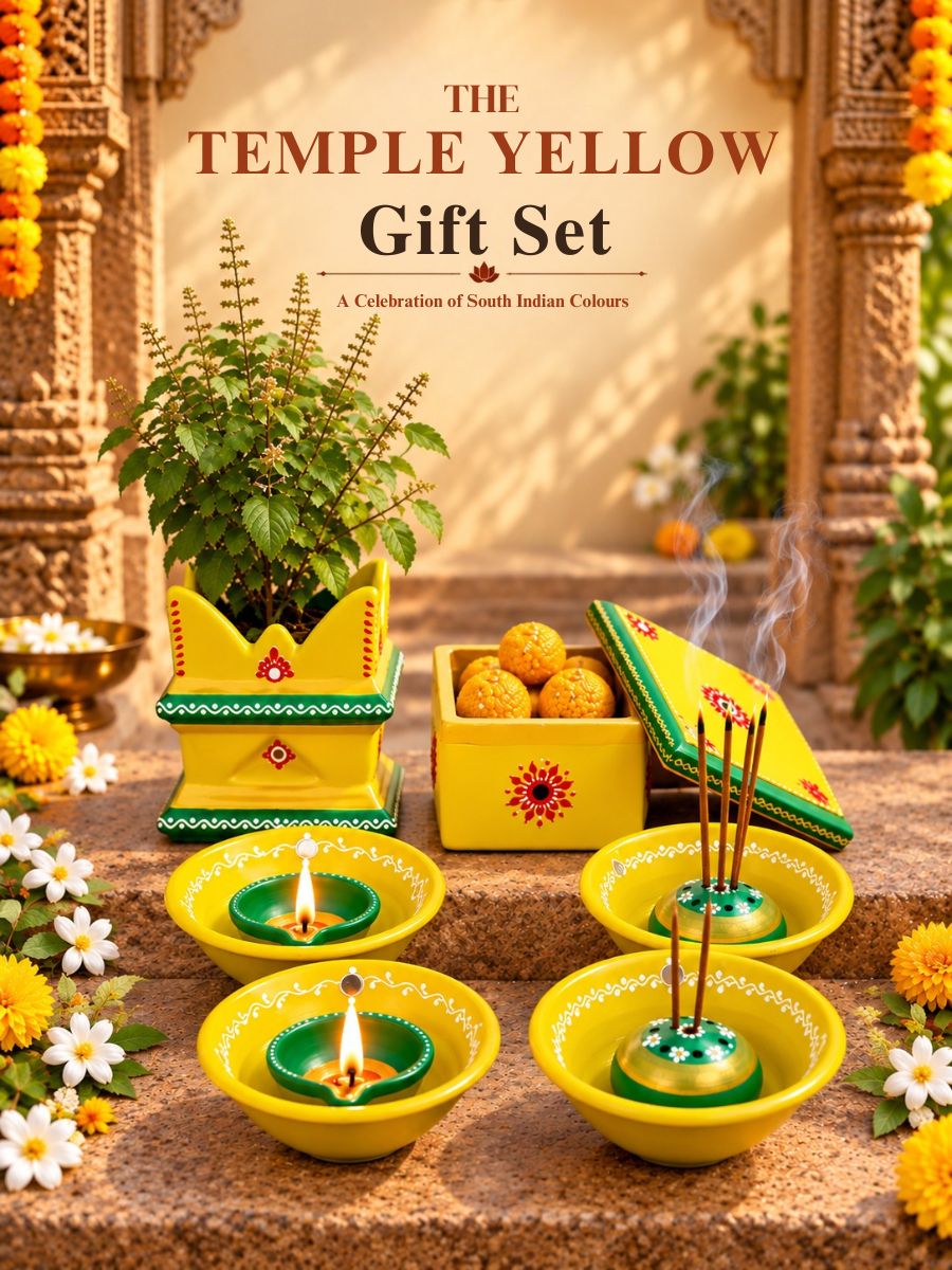 Temple yellow terracotta gift set featuring 2 incense stick holders, 2 plate diyas, 1 mini tulsi pot, and 1 decorative box, ideal for festive occasions, housewarmings, and pooja gifting.