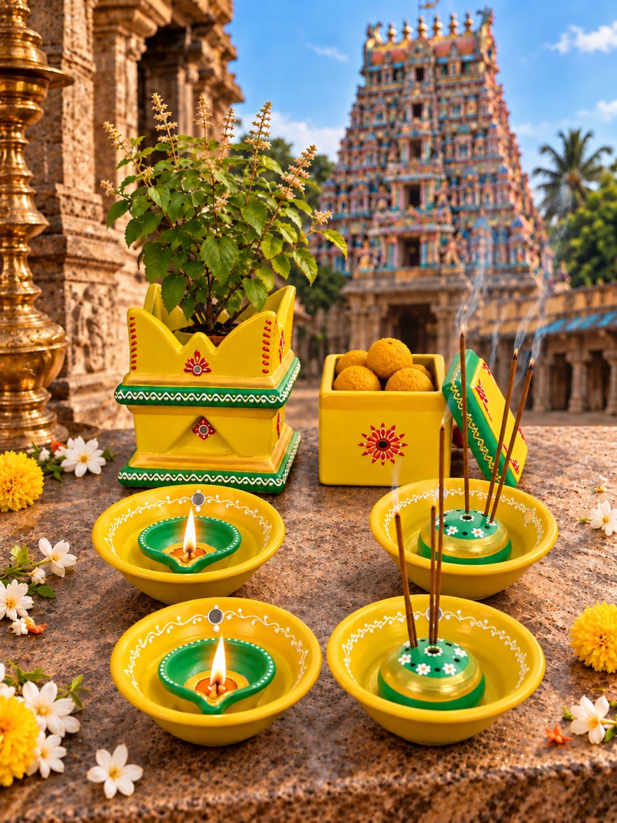 Temple yellow terracotta gift set featuring 2 incense stick holders, 2 plate diyas, 1 mini tulsi pot, and 1 decorative box, styled for festive celebrations, pooja rituals, and thoughtful gifting.
