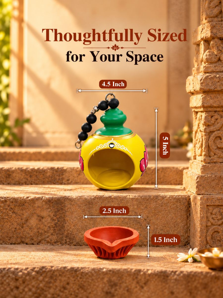 Dimensions of the 4.5-inch temple yellow handpainted terracotta hanging doom diya, showcasing its size and traditional temple-inspired design for pooja and home decor.