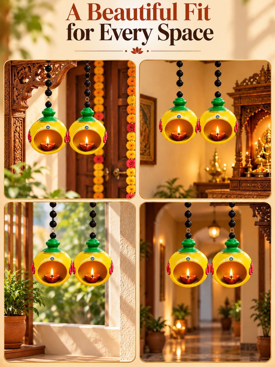 Temple yellow handpainted terracotta hanging doom diya, 4.5 inches in diameter, suitable for pooja rooms, balconies, entrances, and living spaces, adding traditional temple-inspired charm to home decor.