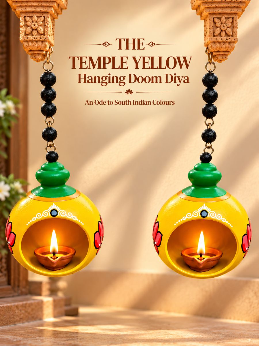 Temple yellow handpainted terracotta hanging doom diya, 4.5 inches in diameter, featuring traditional temple-inspired craftsmanship for pooja and home decoration.