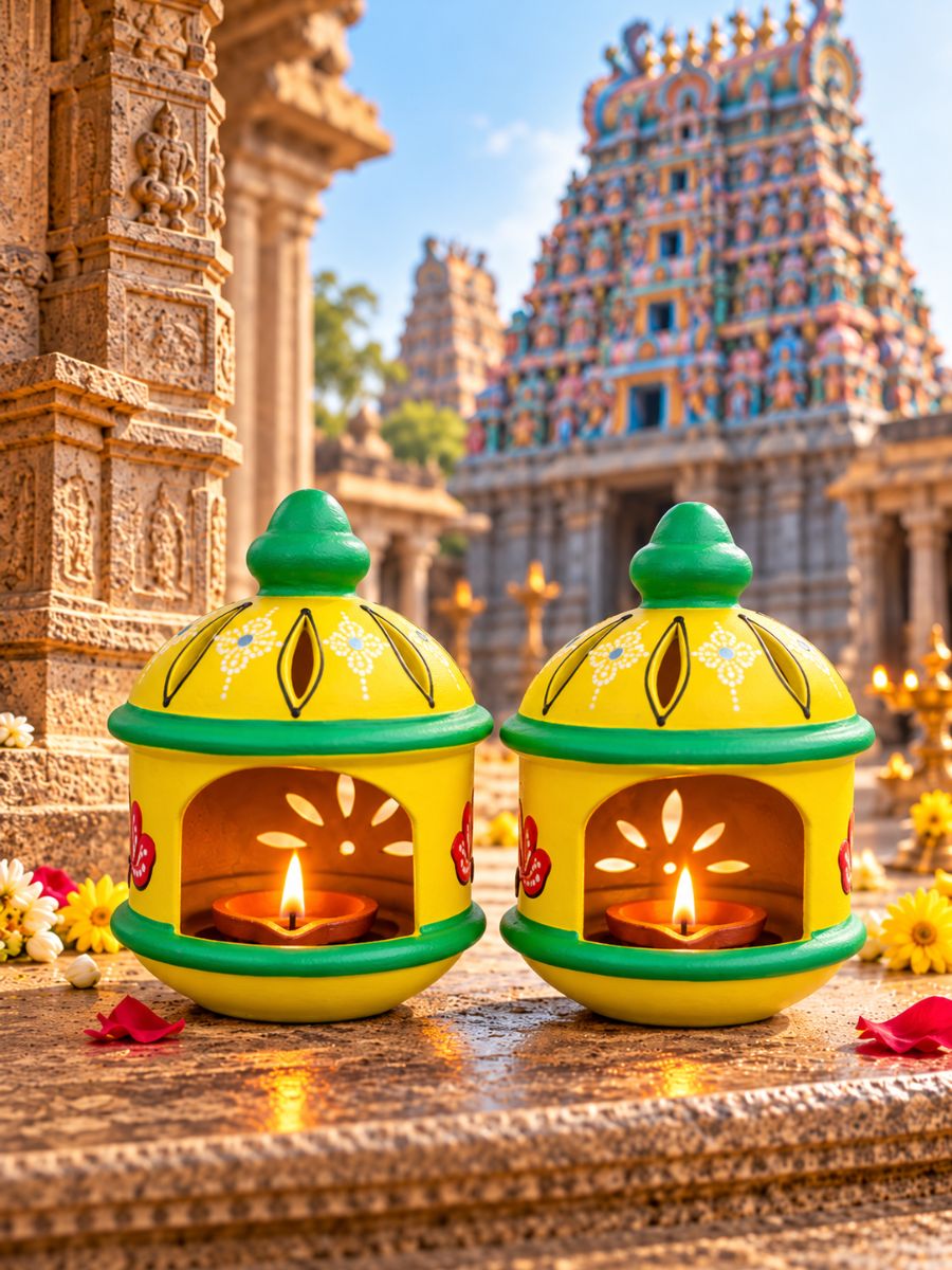 6-inch temple yellow round hut-shaped diya made from handpainted terracotta, styled in a home decor setting to showcase its traditional temple-inspired design for pooja spaces and festive decorations.