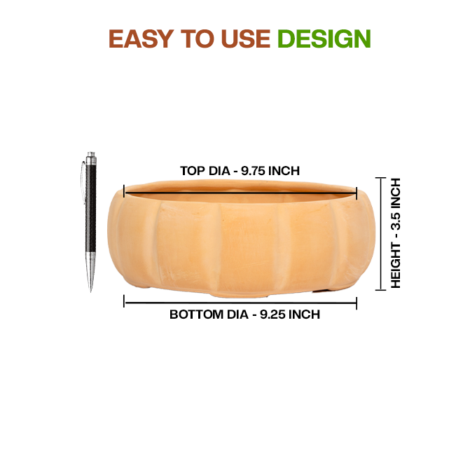 Terracotta bonsai Flower Pot showing easy to use design with dimension view and small size, ideal for indoor and outdoor plant lovers.