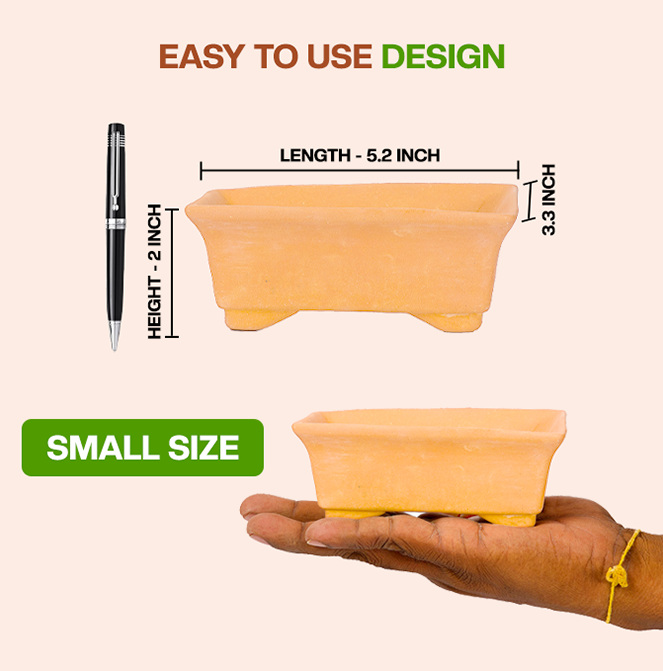 Terracotta bonsai Flower Pot showing easy to use design with dimension view and small size, ideal for indoor and outdoor plant lovers.