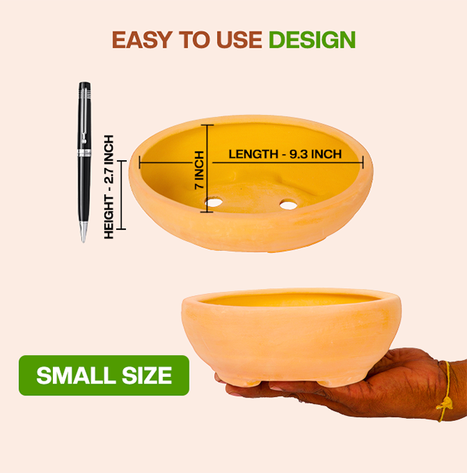 Terracotta bonsai Flower Pot showing easy to use design with dimension view and small size, ideal for indoor and outdoor plant lovers.
