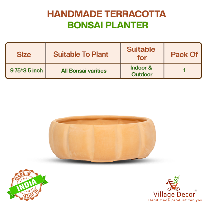 Handmade terracotta bonsai planter suitable for all bonsai varieties, ideal for indoor and outdoor use, image showing detailed product specifications.