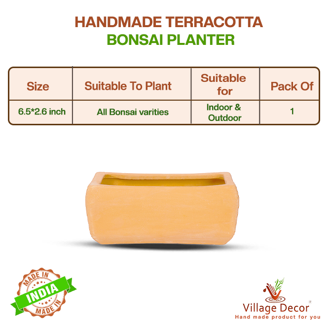 Handmade terracotta bonsai planter suitable for all bonsai varieties, ideal for indoor and outdoor use, image showing detailed product specifications.