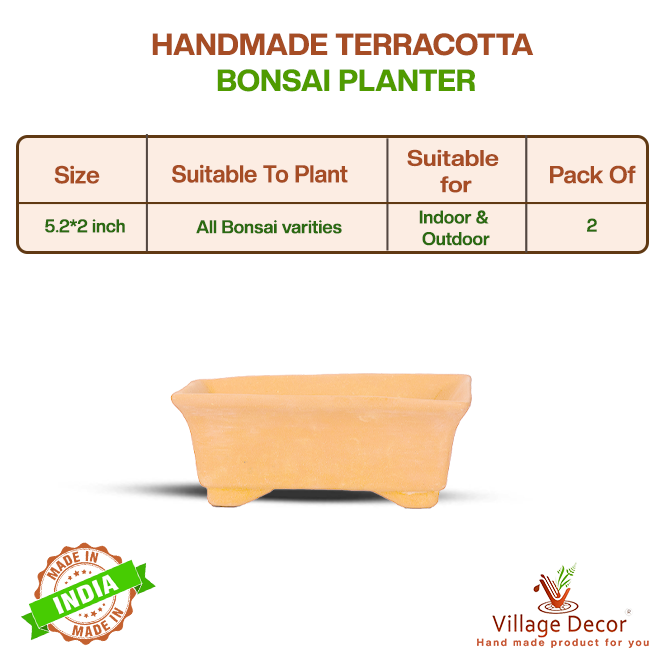 Handmade terracotta bonsai planter suitable for all bonsai varieties, ideal for indoor and outdoor use, image showing detailed product specifications.