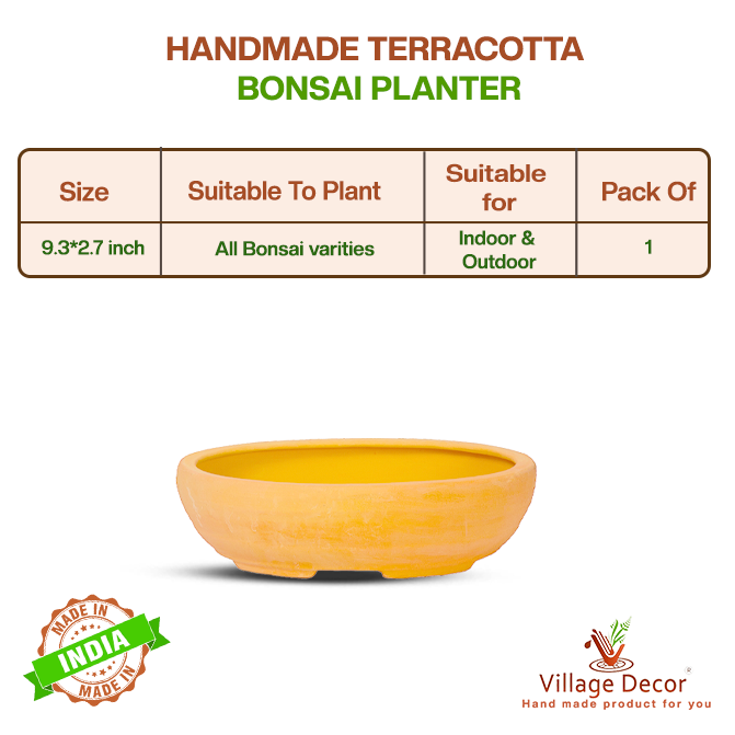 Handmade terracotta bonsai planter suitable for all bonsai varieties, ideal for indoor and outdoor use, image showing detailed product specifications.