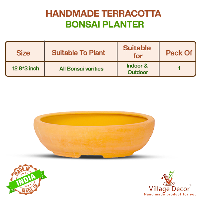 Handmade terracotta bonsai planter suitable for all bonsai varieties, ideal for indoor and outdoor use, image showing detailed product specifications.