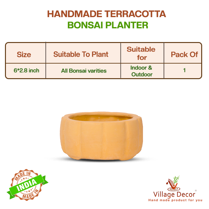 Handmade terracotta bonsai planter suitable for all bonsai varieties, ideal for indoor and outdoor use, image showing detailed product specifications.