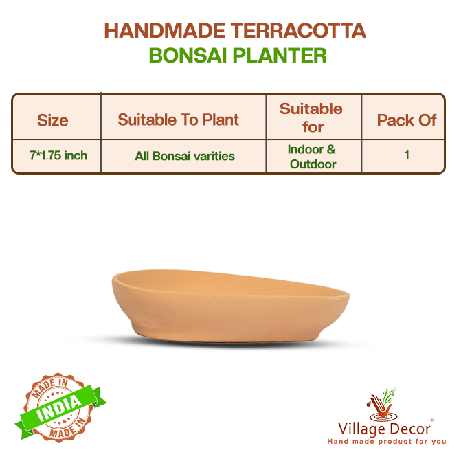 Handmade terracotta bonsai planter suitable for all bonsai varieties, ideal for indoor and outdoor use, image showing detailed product specifications.