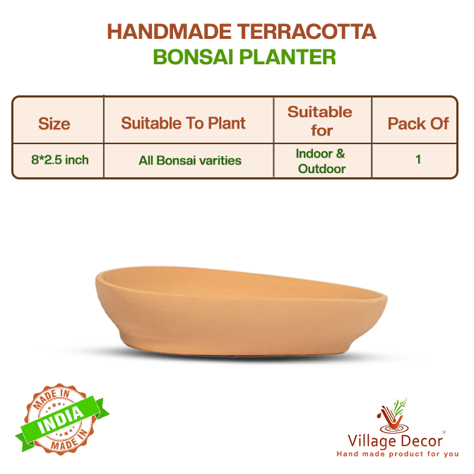 Handmade terracotta bonsai planter suitable for all bonsai varieties, ideal for indoor and outdoor use, image showing detailed product specifications.