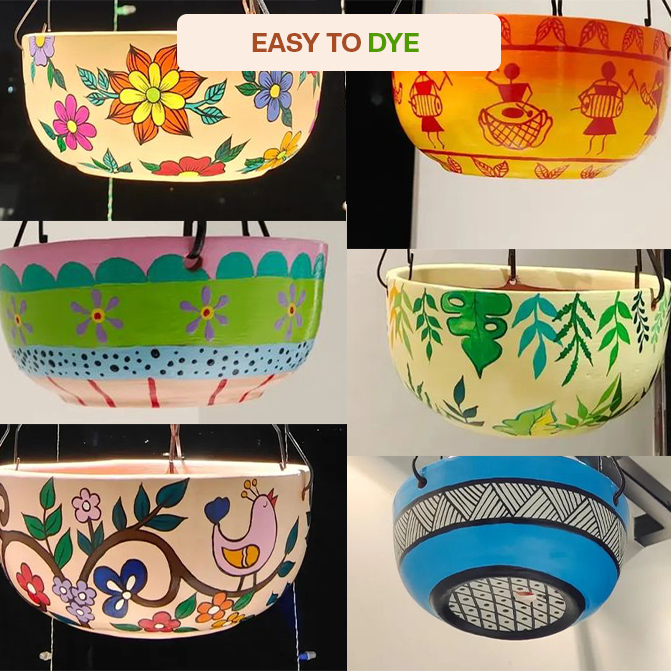 Hand-painted terracotta hanging planters in various colorful designs, showing easy-to-dye and customizable options for home and garden decor.