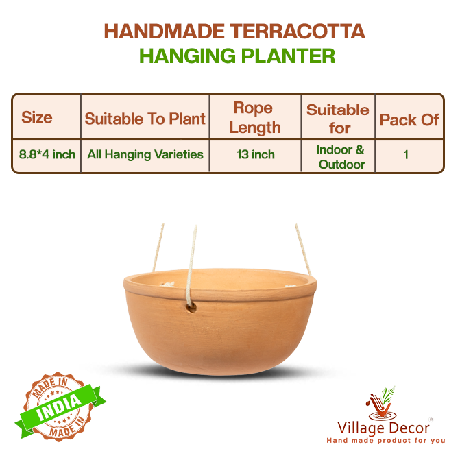 Handmade terracotta Bowl shape hanging planter pot with side drainage holes, ideal for growing varieties of indoors or outdoors plants.