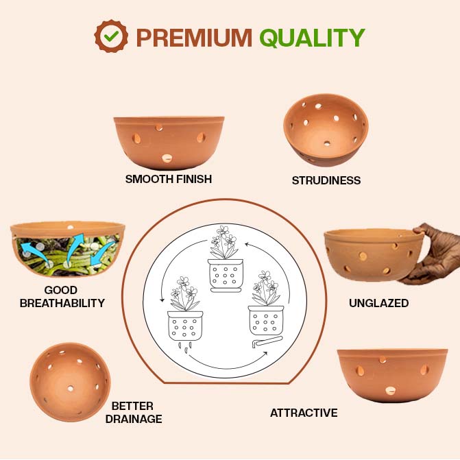 Premium terracotta flower pot with smooth finish, good breathability, better drainage, and sturdy unglazed clay-ideal as an indoor planter or garden pot for orchids.
