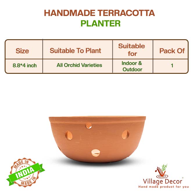 Handmade terracotta bowl shape hanging planter pot with side drainage holes, ideal for growing all orchid varieties indoors or outdoors.