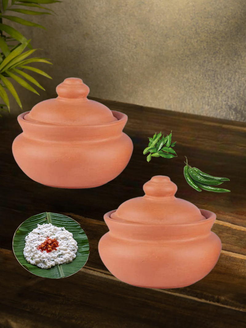 Set of two terracotta clay curd pots with lids, handmade for natural yogurt setting at home, placed on a pink background with food-themed decor.