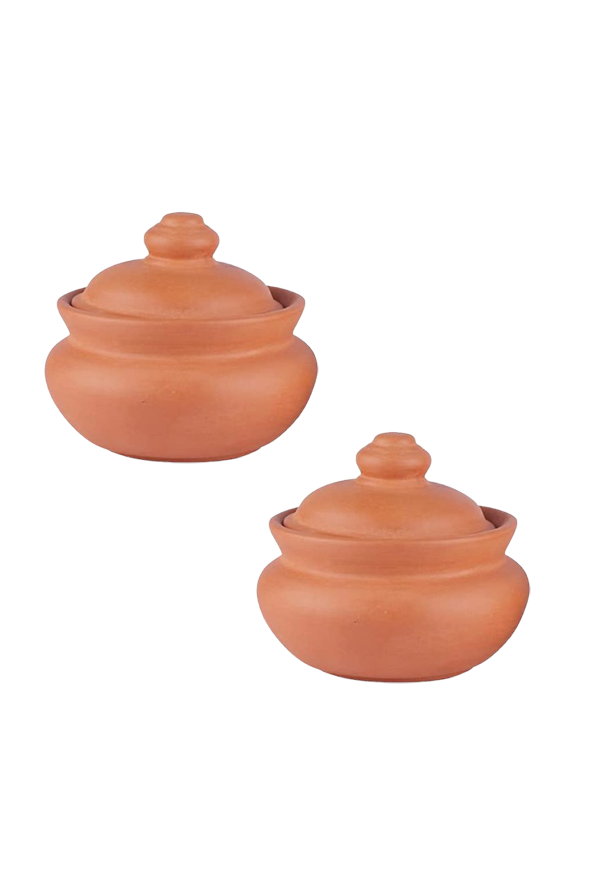 Set of two handmade terracotta clay curd pots with rounded lids, perfect for natural yogurt setting, displayed on a white background.