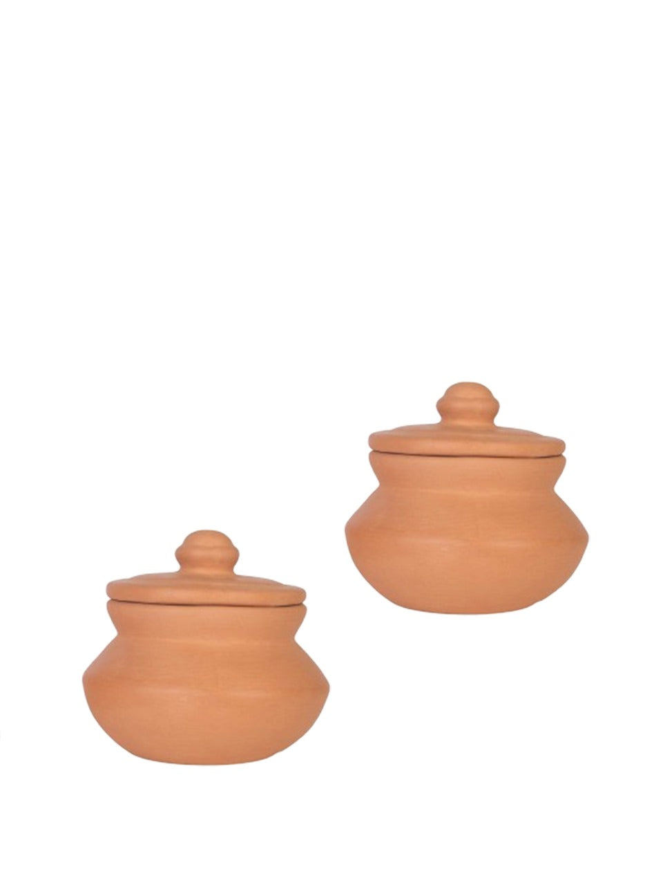 Set of two handmade terracotta clay curd pots with rounded lids, perfect for natural yogurt setting, displayed on a white background.