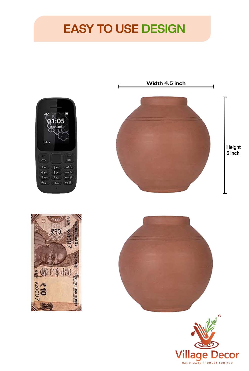 Handcrafted terracotta piggy bank shown in dimension view on a white background, displayed beside a mobile phone, currency note for easy size comparison.
