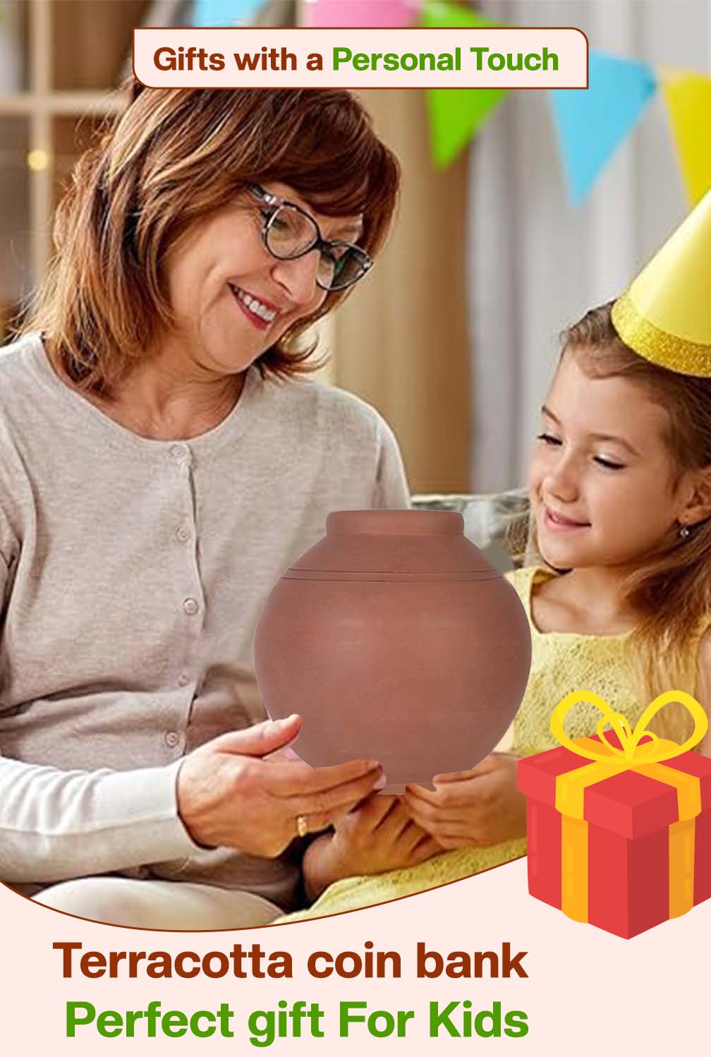 Mother giving a gift box to her daughter with a Village Decor terracotta Clay coin bank shown as a perfect gift for kids, promoting savings in a joyful way.