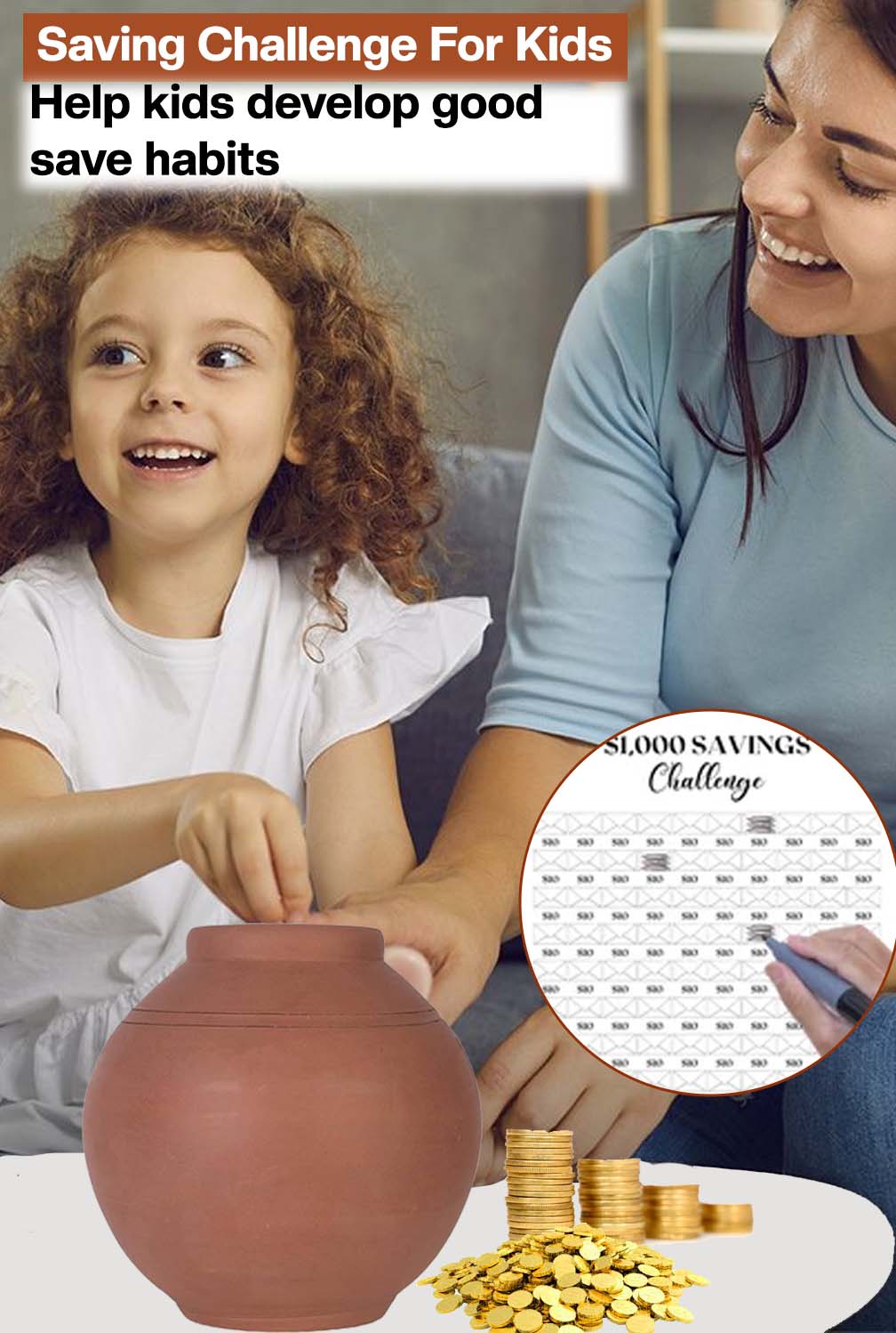 Hand holding currency notes with a terracotta clay coin bank placed on the table, showing a fun saving challenge for kids to develop good money saving habits.