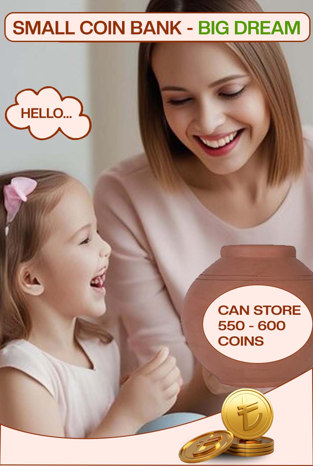 Smiling mother and daughter with Village Decor terracotta coin bank, highlighting its storage capacity for coins and making saving fun for kids.