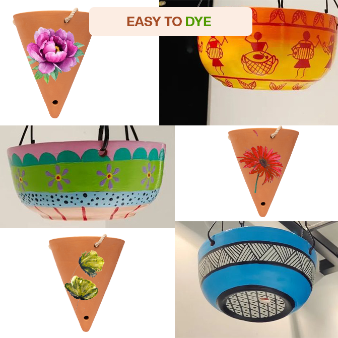 Hand-painted terracotta hanging planters in various colorful designs, showing easy-to-dye and customizable options for home and garden decor.