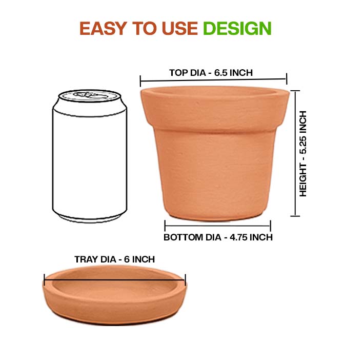 Terracotta cone shape planter pot with tray showing detailed dimensions including top, bottom, height, and tray diameter for easy indoor or outdoor use.