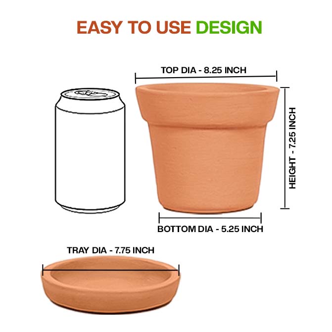 Terracotta cone shape planter pot with tray showing detailed dimensions including top, bottom, height, and tray diameter for easy indoor or outdoor use.