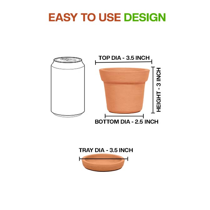 Terracotta cone shape planter pot with tray showing detailed dimensions including top, bottom, height, and tray diameter for easy indoor or outdoor use.