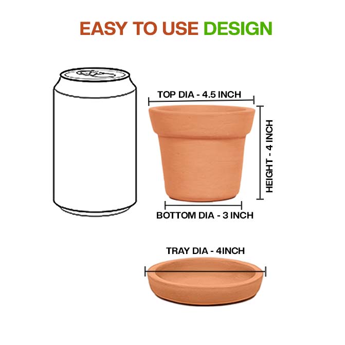 Terracotta cone shape planter pot with tray showing detailed dimensions including top, bottom, height, and tray diameter for easy indoor or outdoor use.