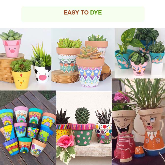 Colorfully Painted Terracotta Planters Pot  (Flower Pot) Showcasing A Variety Of Creative Designs, Highlighting The Easy-To-Dye Feature For Custom Decoration.