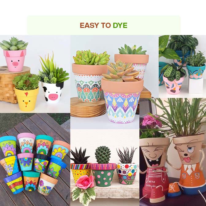 Colorfully Painted Terracotta Planters Pot (Flower Pot) Showcasing A Variety Of Creative Designs, Highlighting The Easy-To-Dye Feature For Custom Decoration.