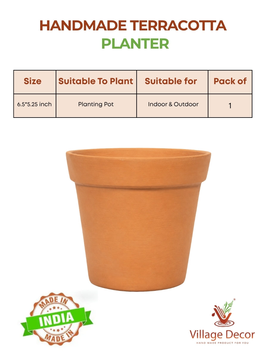 Product details of handmade terracotta cone shape planter pot, showing size, planting suitability, and ideal use for indoor and outdoor spaces.