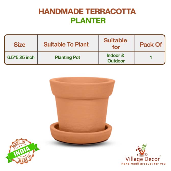 Product details of handmade terracotta cone shape planter pot with tray, showing size, planting suitability, and ideal use for indoor and outdoor spaces.