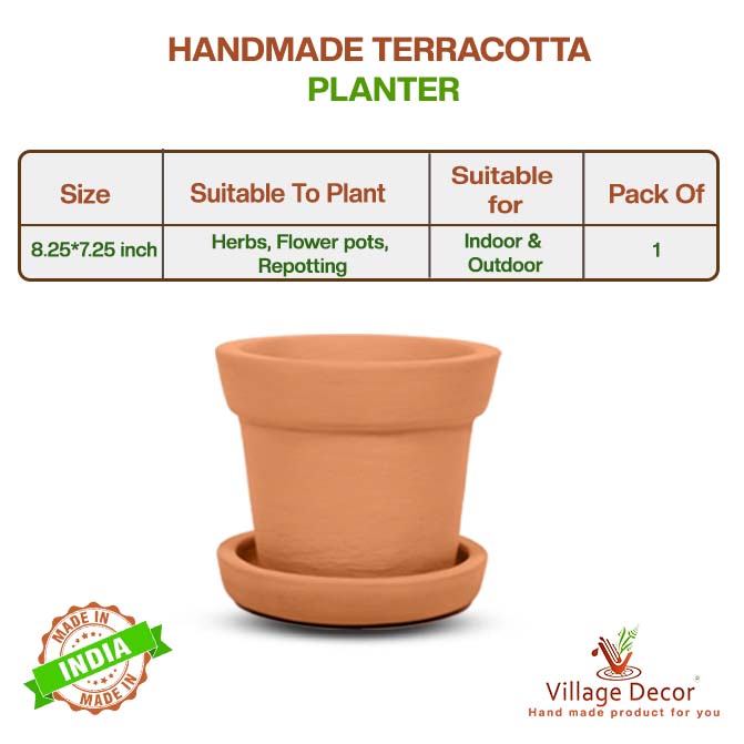 Product details of handmade terracotta cone shape planter pot with tray, showing size, planting suitability, and ideal use for indoor and outdoor spaces.