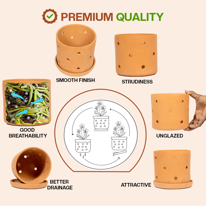 Premium terracotta flower pot with smooth finish, good breathability, better drainage, and sturdy unglazed clay-ideal as an indoor planter or garden pot for orchids.