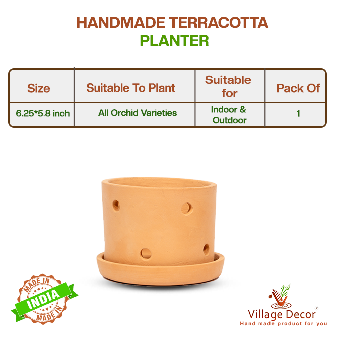 Handmade terracotta Cylinder shape hanging planter pot with side drainage holes, ideal for growing all orchid varieties indoors or outdoors.