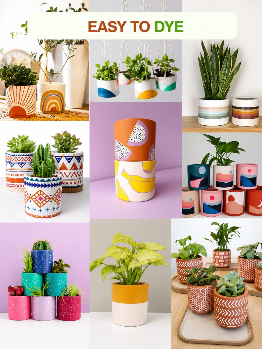 Colorfully Painted Terracotta Planters Pot Showcasing A Variety Of Creative Designs, Highlighting The Easy-To-Dye Feature For Custom Decoration.